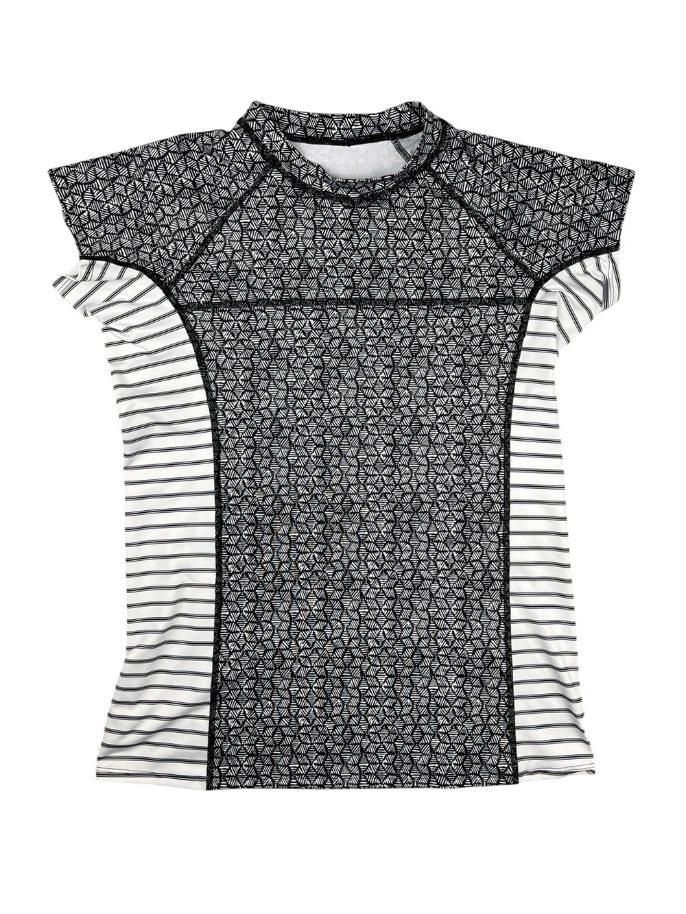 Patagonia Rash Guard Women’s Large Micro Swell Black White Short Sleeve Swim Top